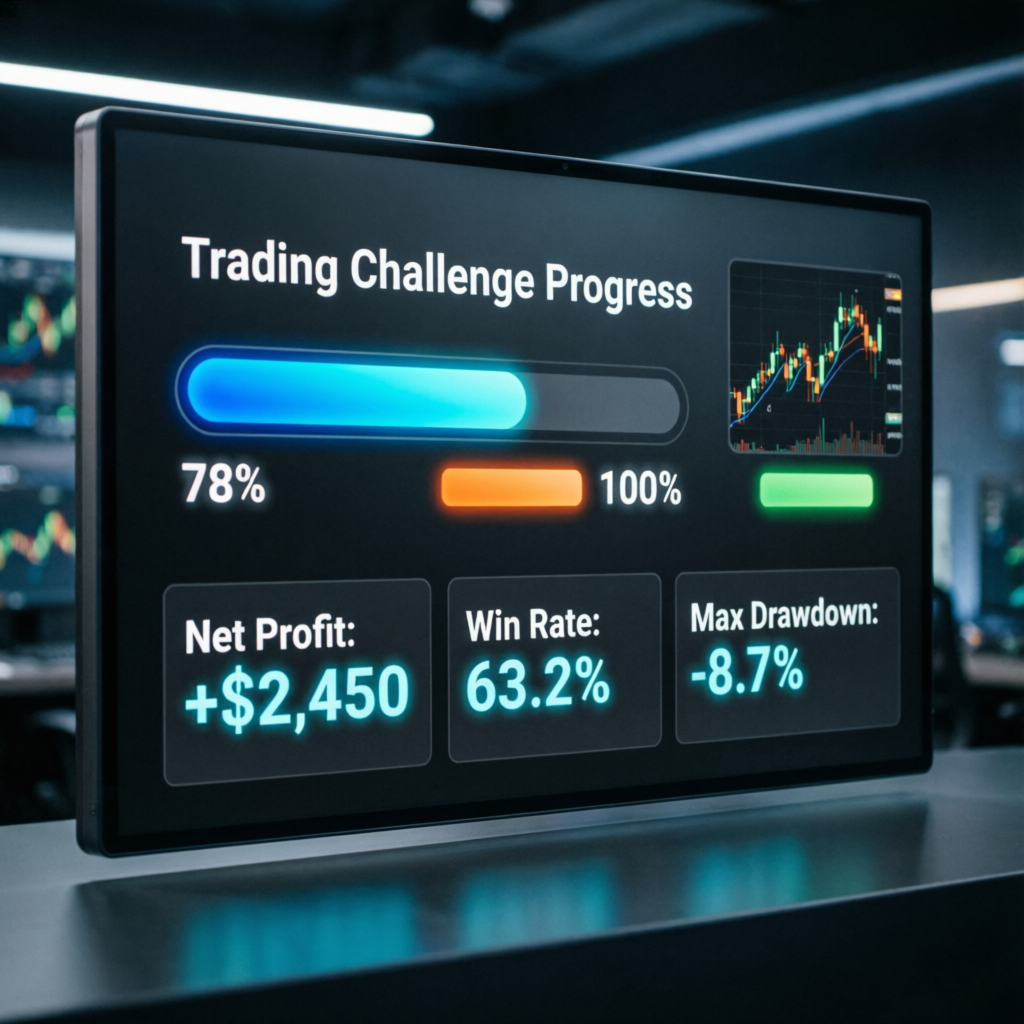 Trading challenge progress display showing profit targets, win rate, and drawdown metrics for prop firm evaluation