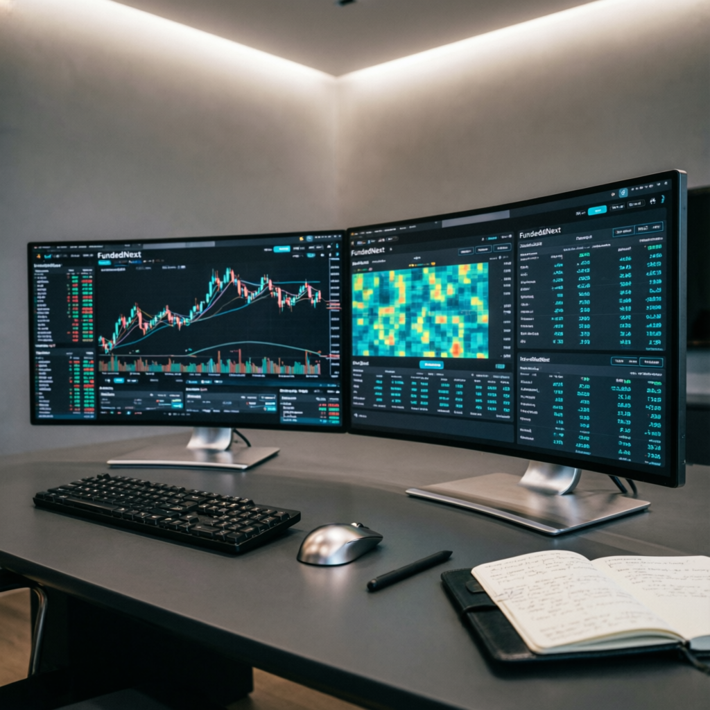 FundedNext trading platform dashboard showing multiple monitors with financial charts and trading data