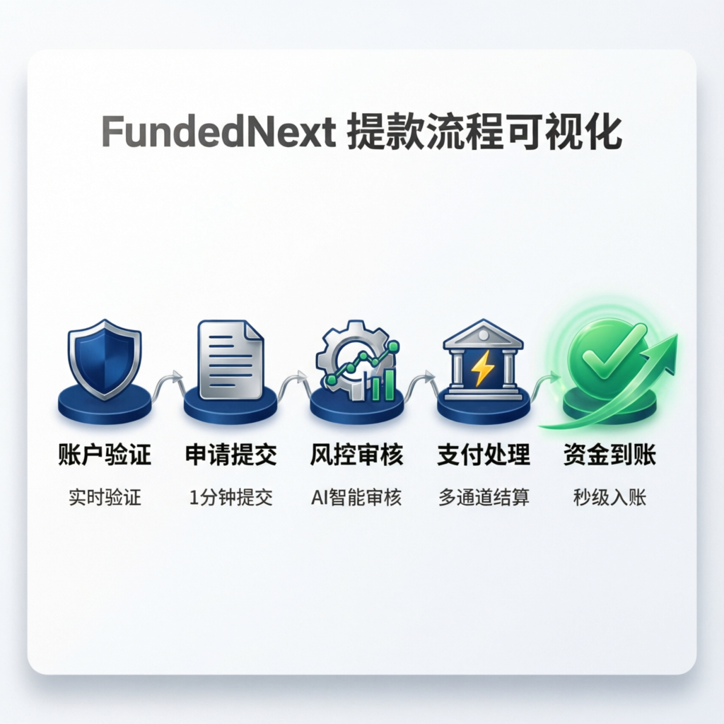 FundedNext payout process visualization showing account verification, application submission, risk review, payment processing, and fund receipt steps