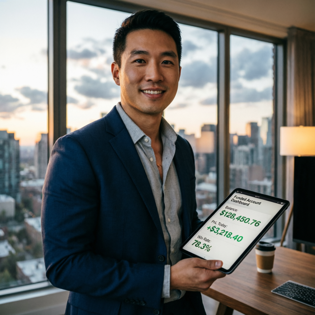 Successful prop trader holding tablet showing funded account dashboard with positive balance and profit results
