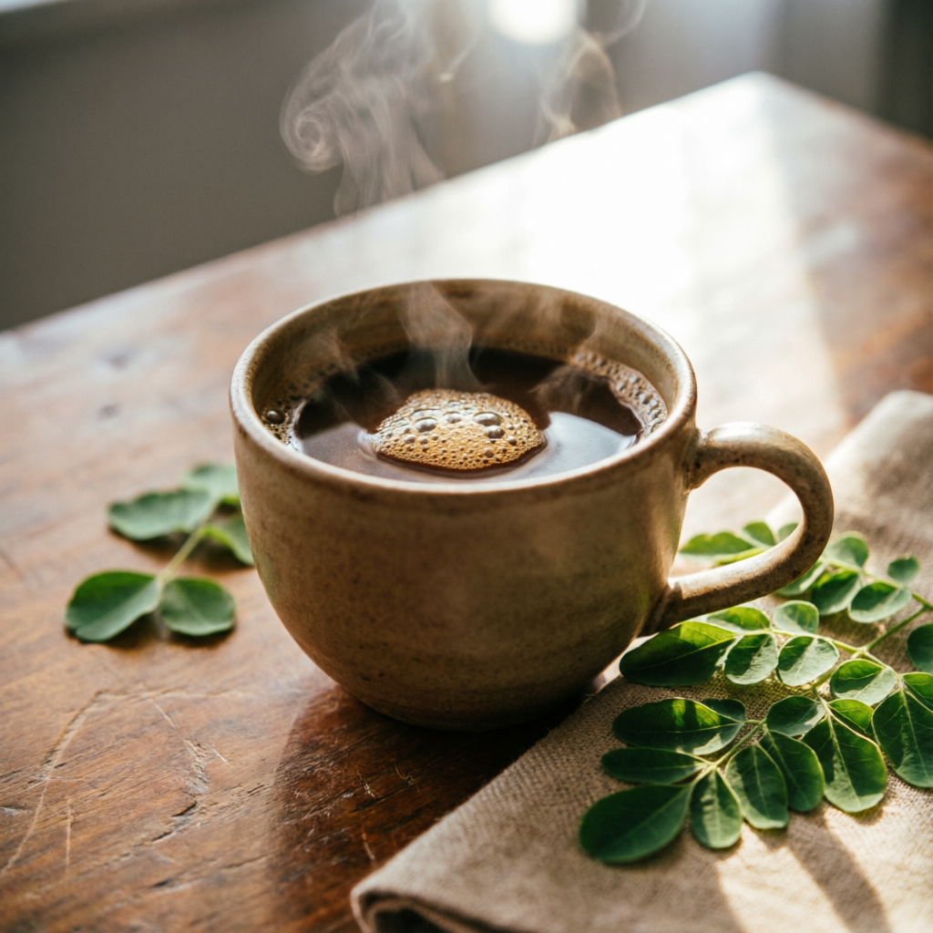 Kopi Moringa steaming cup with fresh moringa leaves