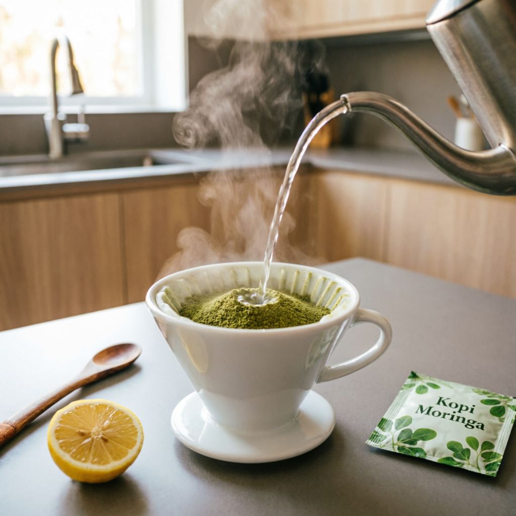 Cara penyediaan Kopi Moringa dengan air panas