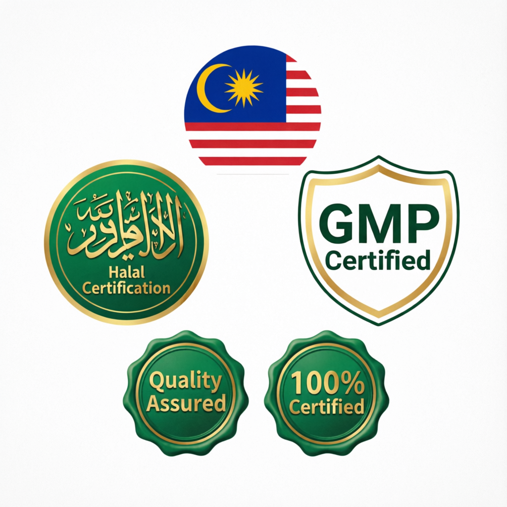 Halal, GMP, Quality Assured dan Malaysia Certified badges