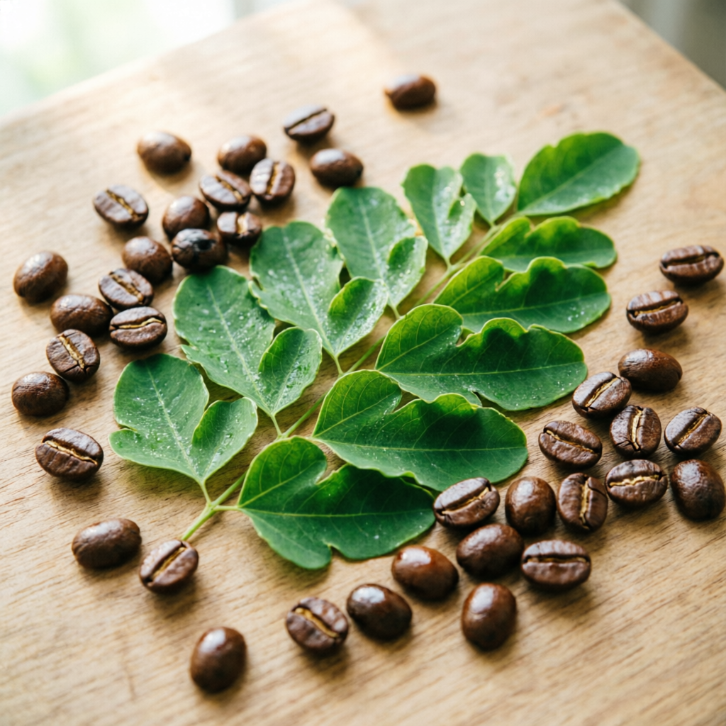 Fresh moringa leaves and premium arabica coffee beans