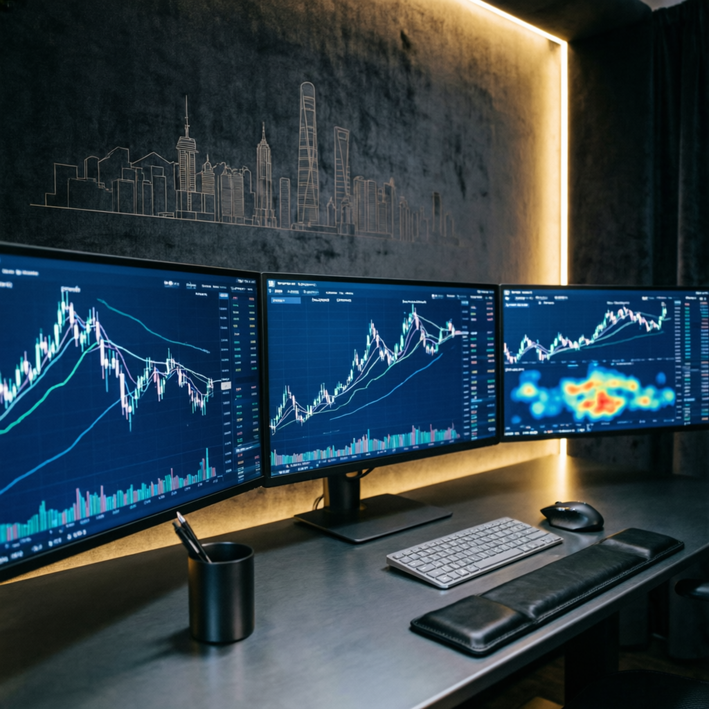 Professional forex trading setup with multiple monitors showing live charts