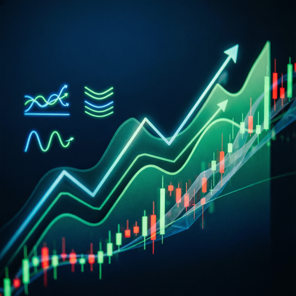 Rising profit charts with candlestick patterns and technical analysis indicators
