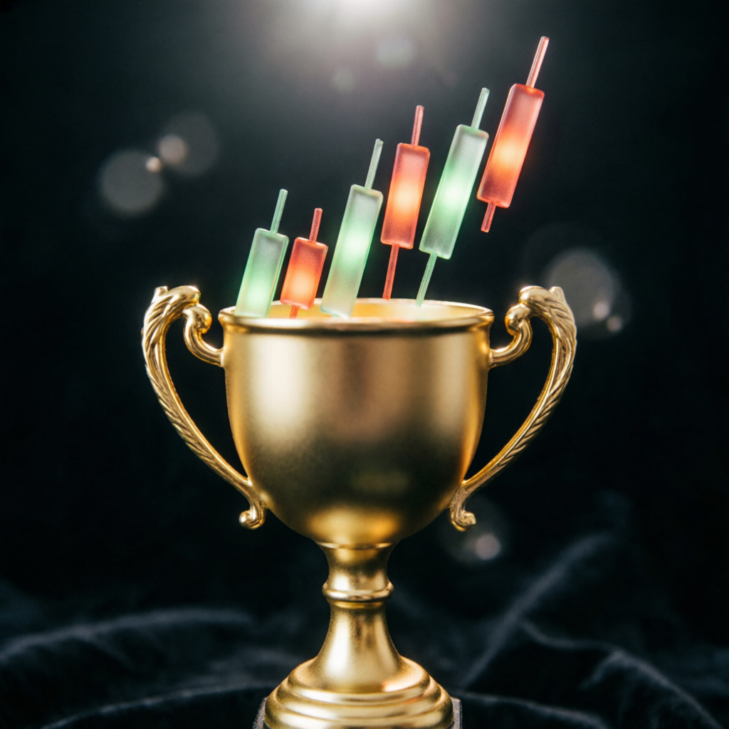 Golden trophy with forex candlestick charts representing The5ers Challenge achievement