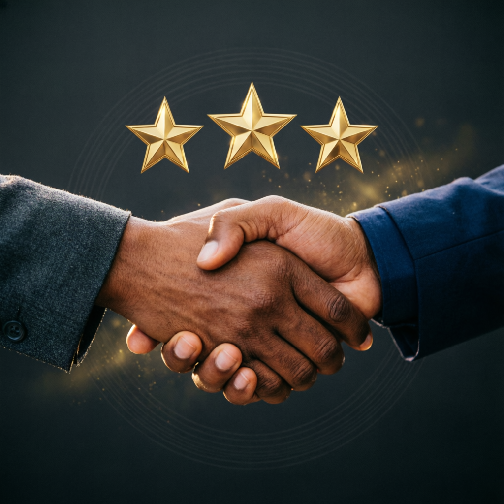 Professional handshake with golden stars representing trust and client satisfaction