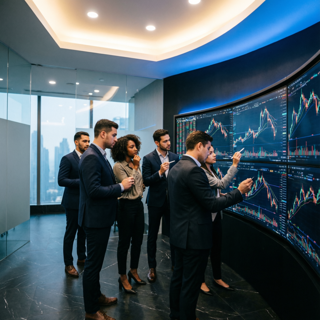 Professional trading team analyzing markets in modern office with multiple screens