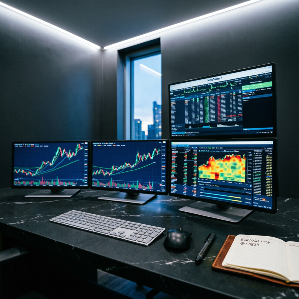 Professional trading desk setup for Blueberry Funded evaluation