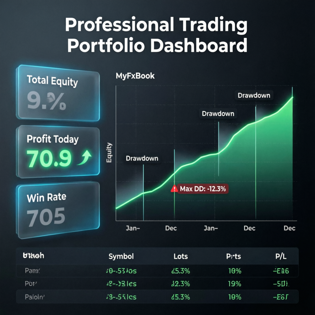 Trading portfolio dashboard showing successful funded account growth