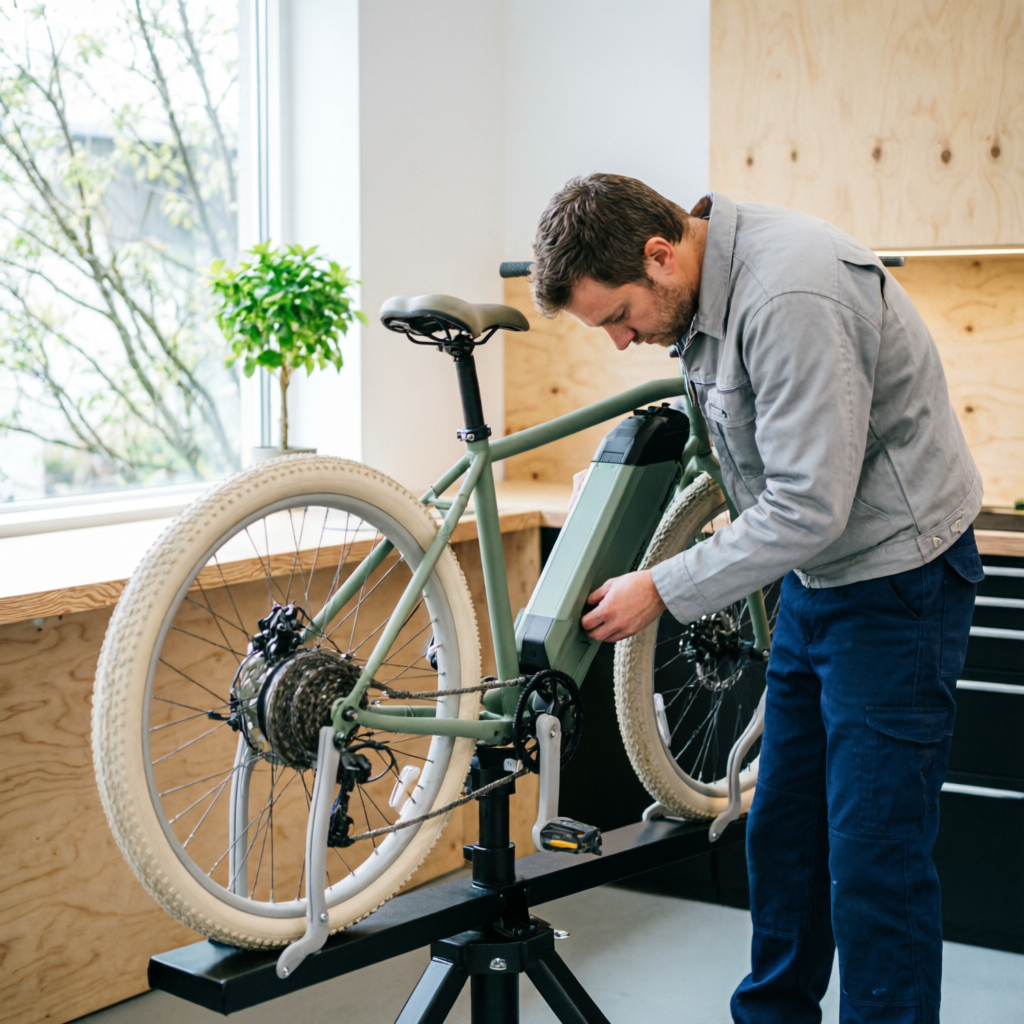 Elcykel på reparationsställ där batteriet kontrolleras