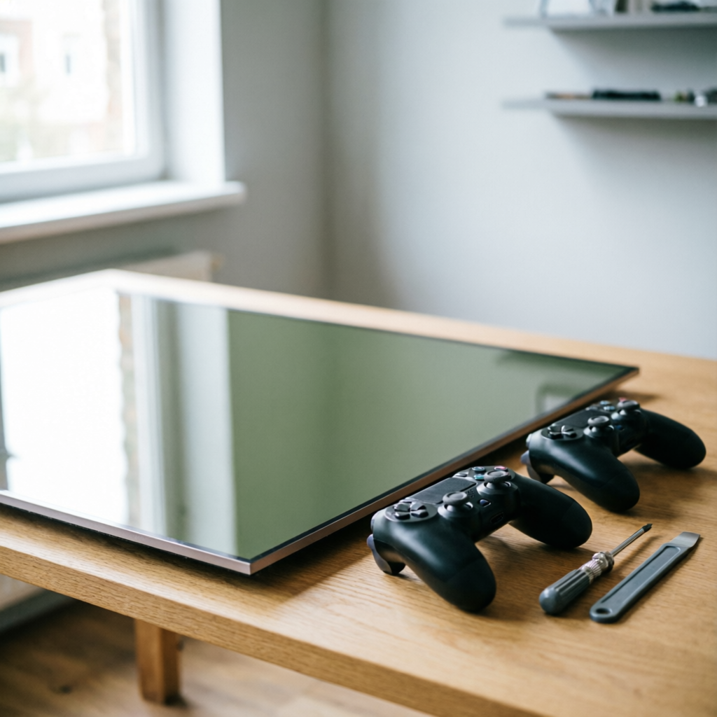 Stor platt-TV och spelkontroller på ett reparationsbord av ek