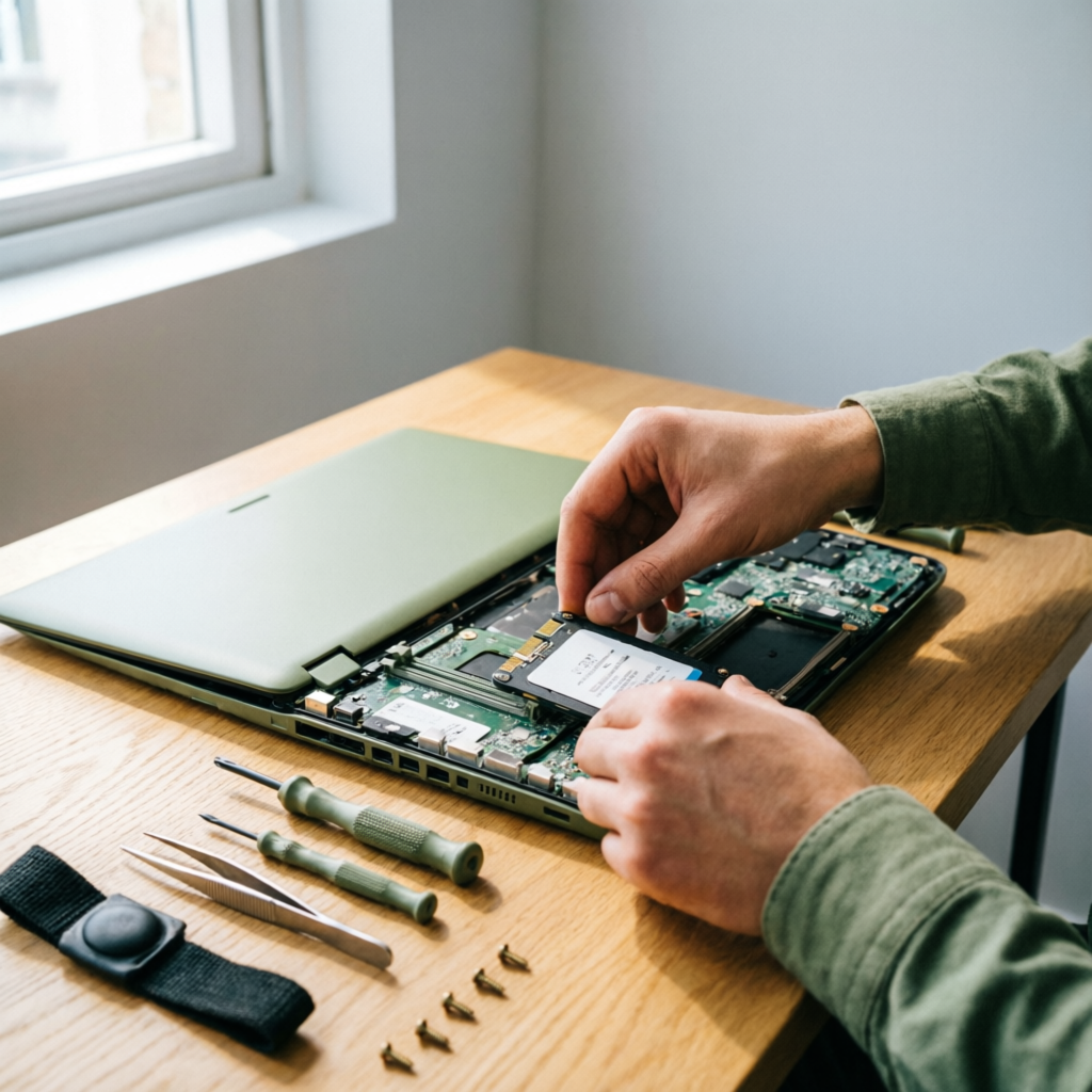 Tekniker byter SSD i en laptop på ett arbetsbord av ek