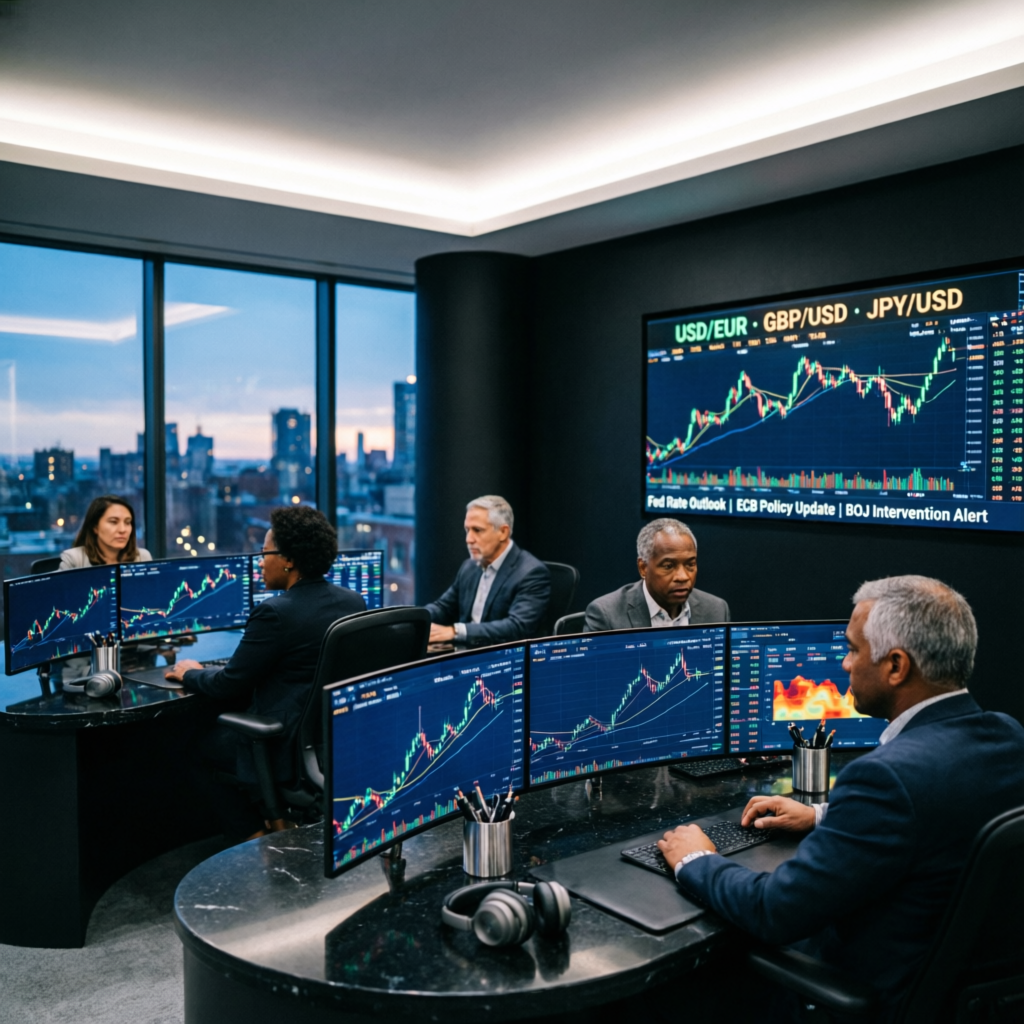 Professional forex trading team analyzing charts for prop firm challenges