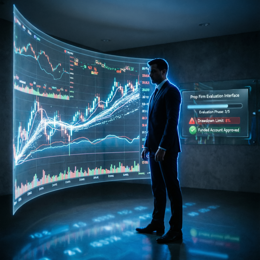 Professional trader analyzing My Funded Futures evaluation interface with prop firm challenge rules