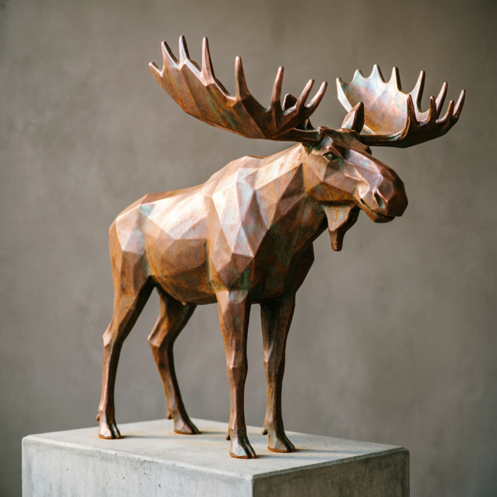 Металлическая low-poly скульптура лось из кортеновской стали, каталог