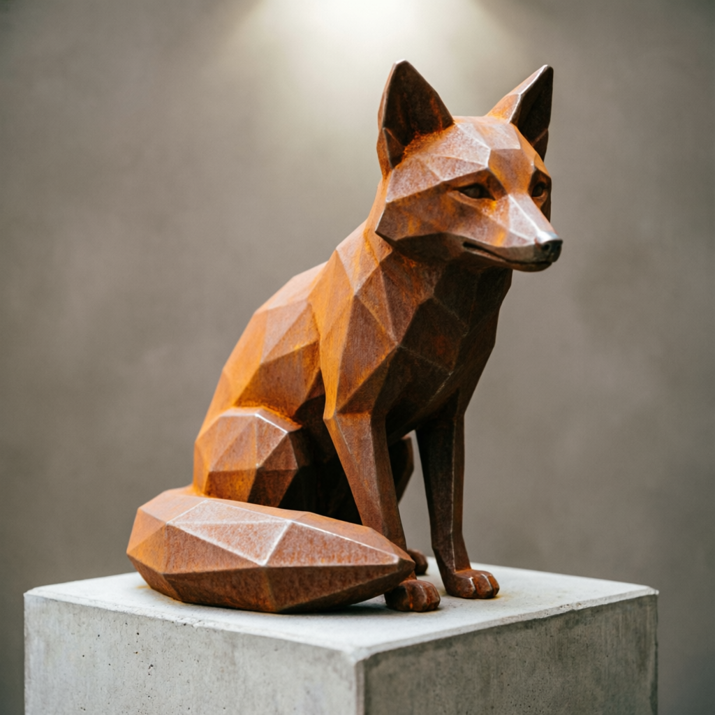 Металлическая low-poly скульптура лиса из кортеновской стали, каталог