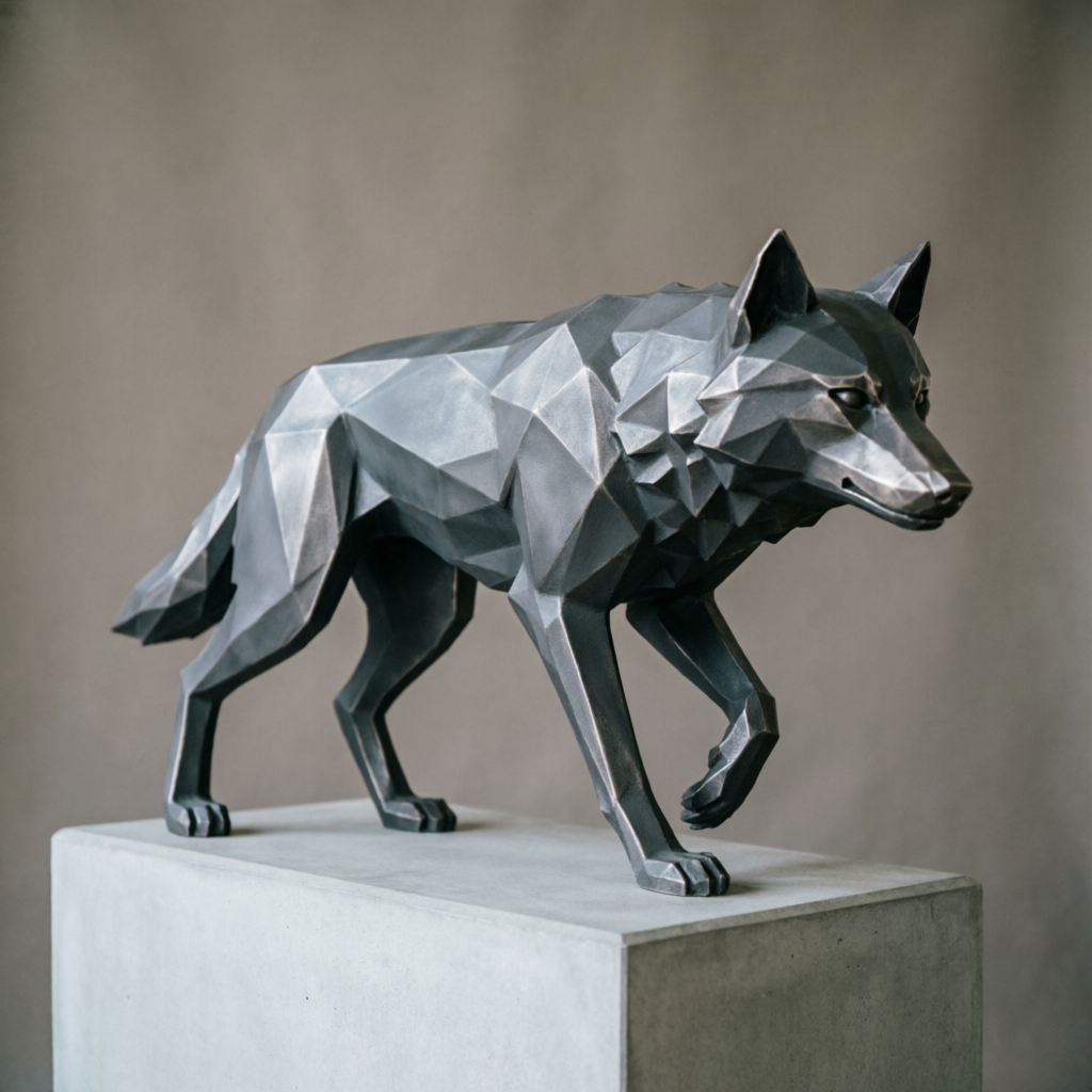 Металлическая low-poly скульптура волк в графитовом покрытии, каталог