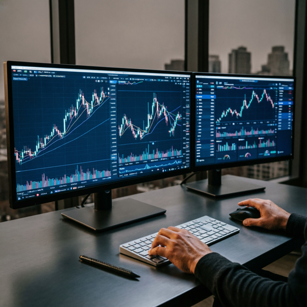 Professional forex trading workspace with multiple monitors showing financial charts