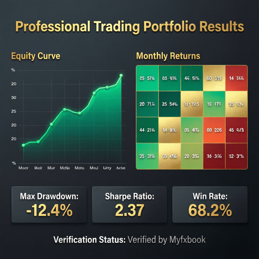 Professional trading portfolio results dashboard with equity curve and monthly returns