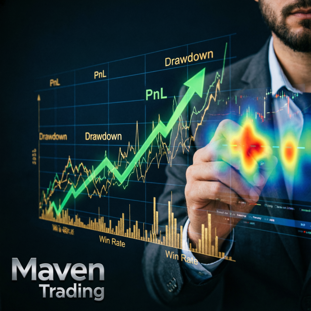 Maven Trading evaluation passing concept with profit charts and financial analysis
