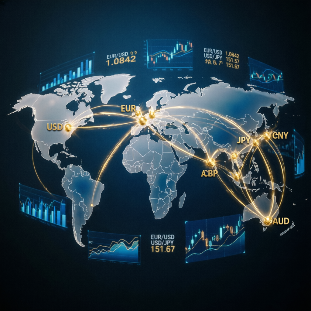 Global forex trading network with currency connections worldwide