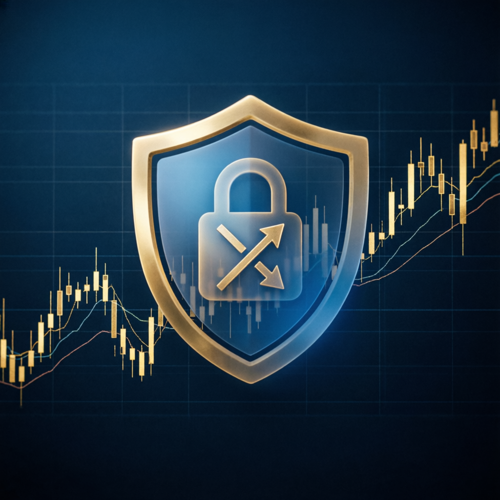 Risk management shield protecting forex trading charts