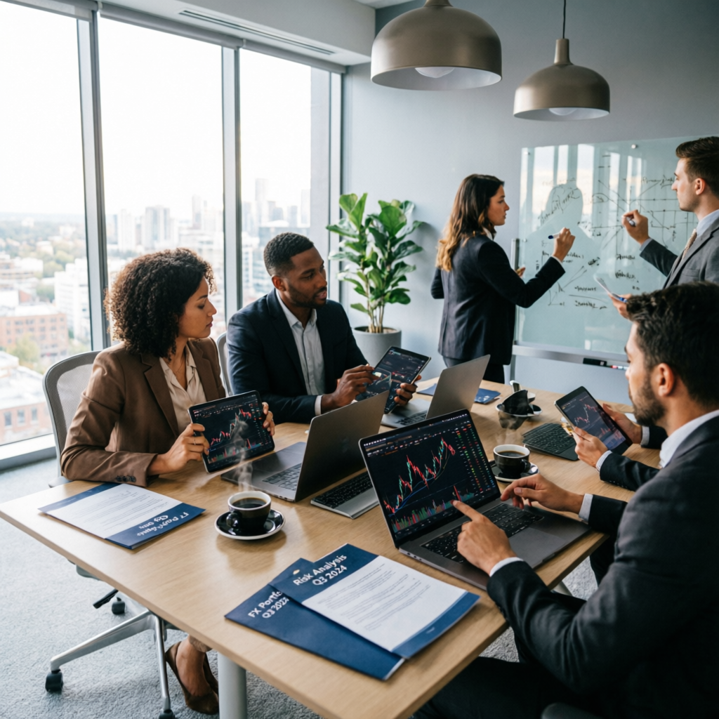 Professional forex account management team analyzing trading data