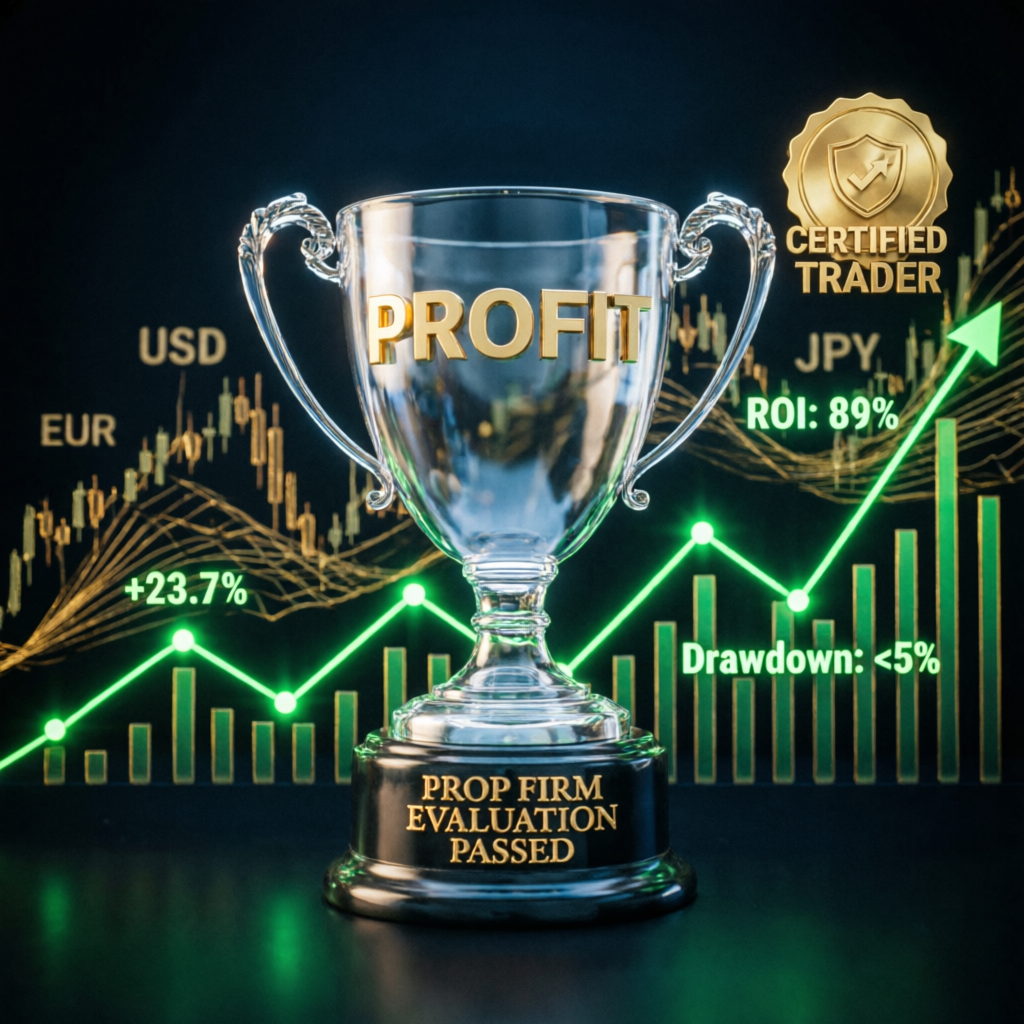 Prop firm evaluation passed trophy with profit charts and certification