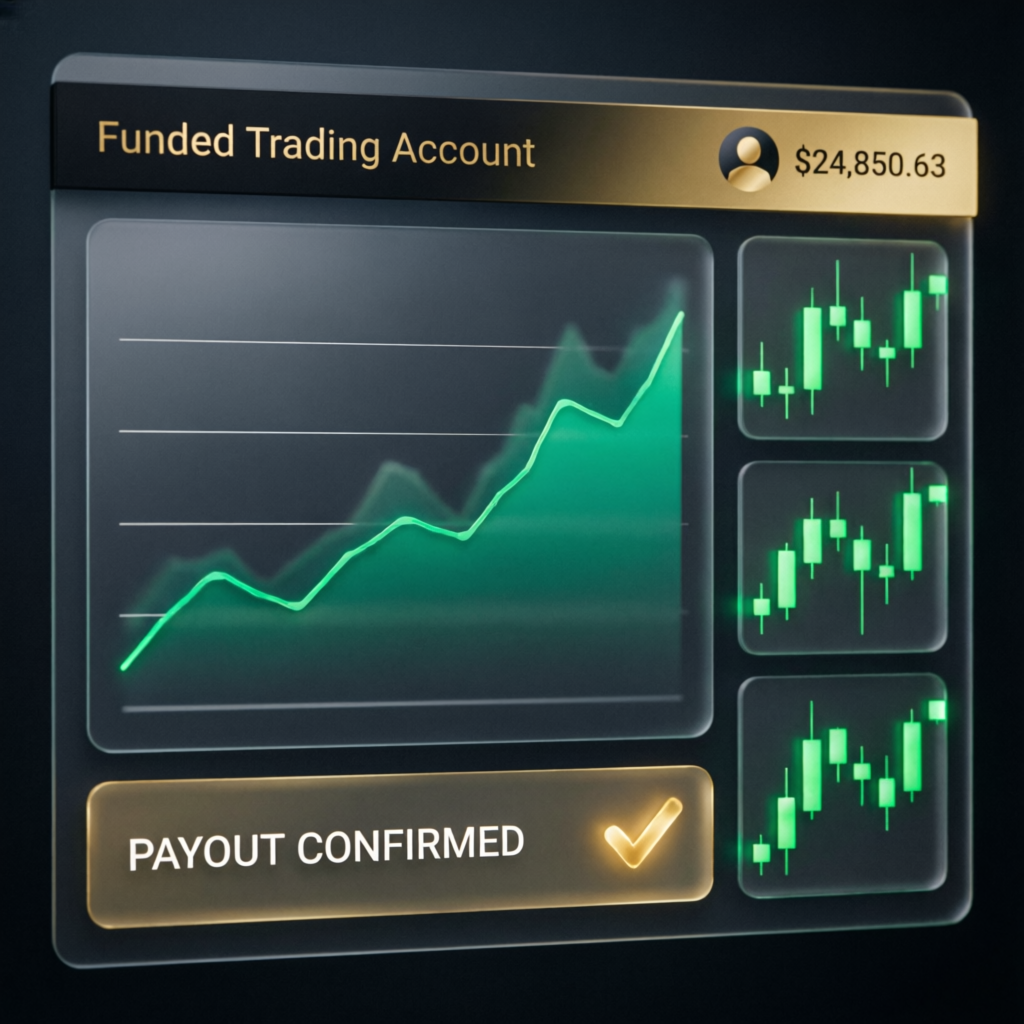Funded trading account dashboard showing profit growth and payout confirmation