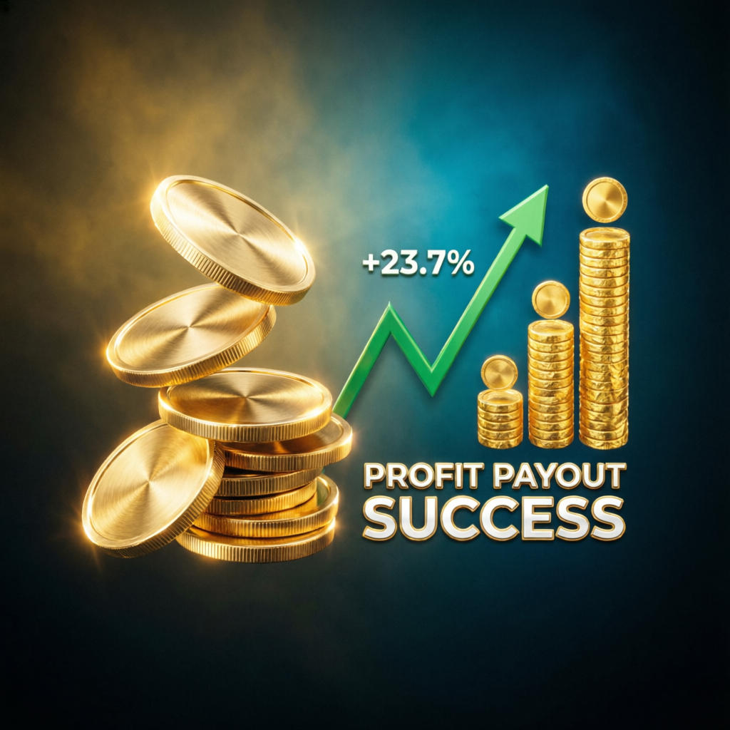 Profit payout success with gold coins and growth chart