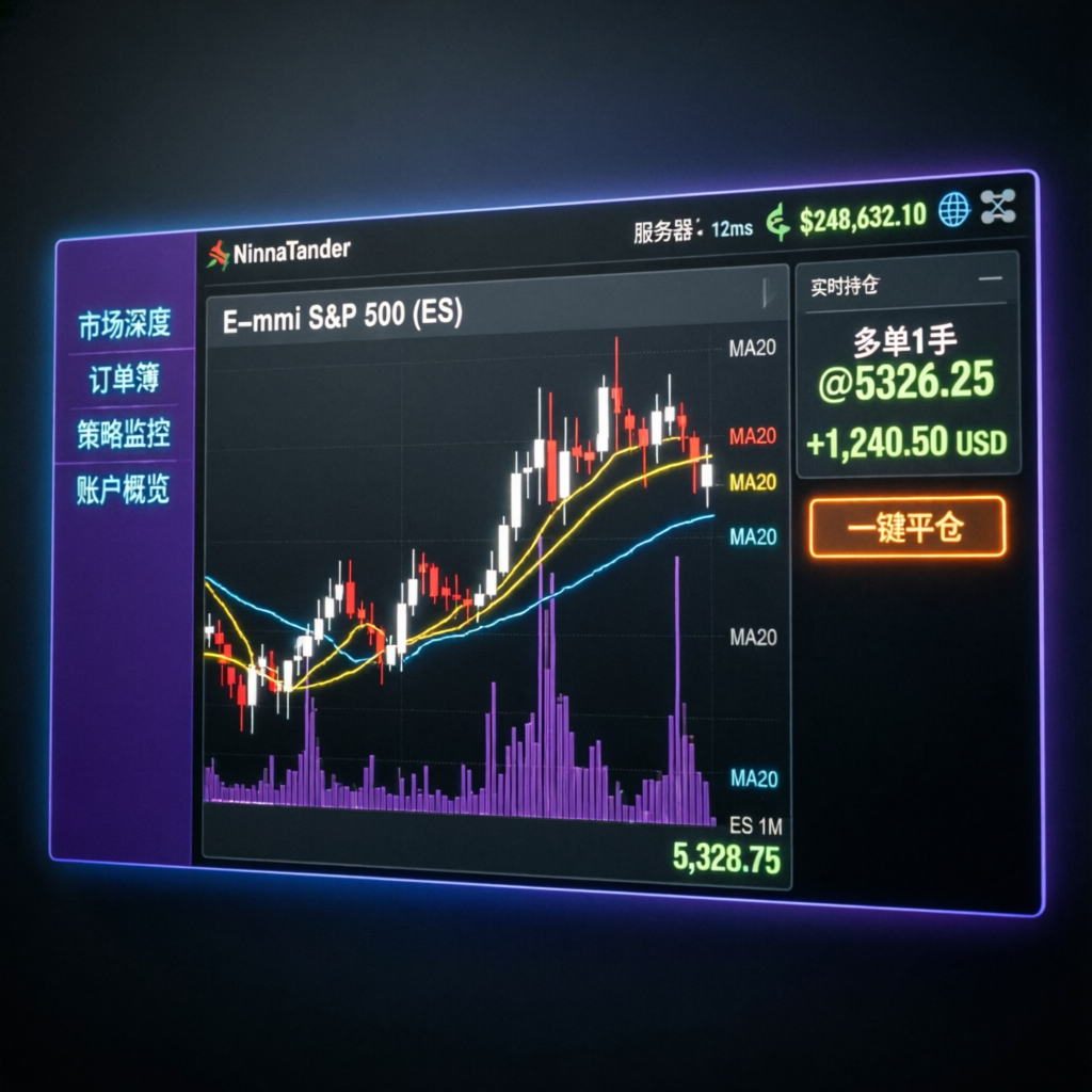 NinjaTrader futures trading platform showing E-mini S&P 500 charts