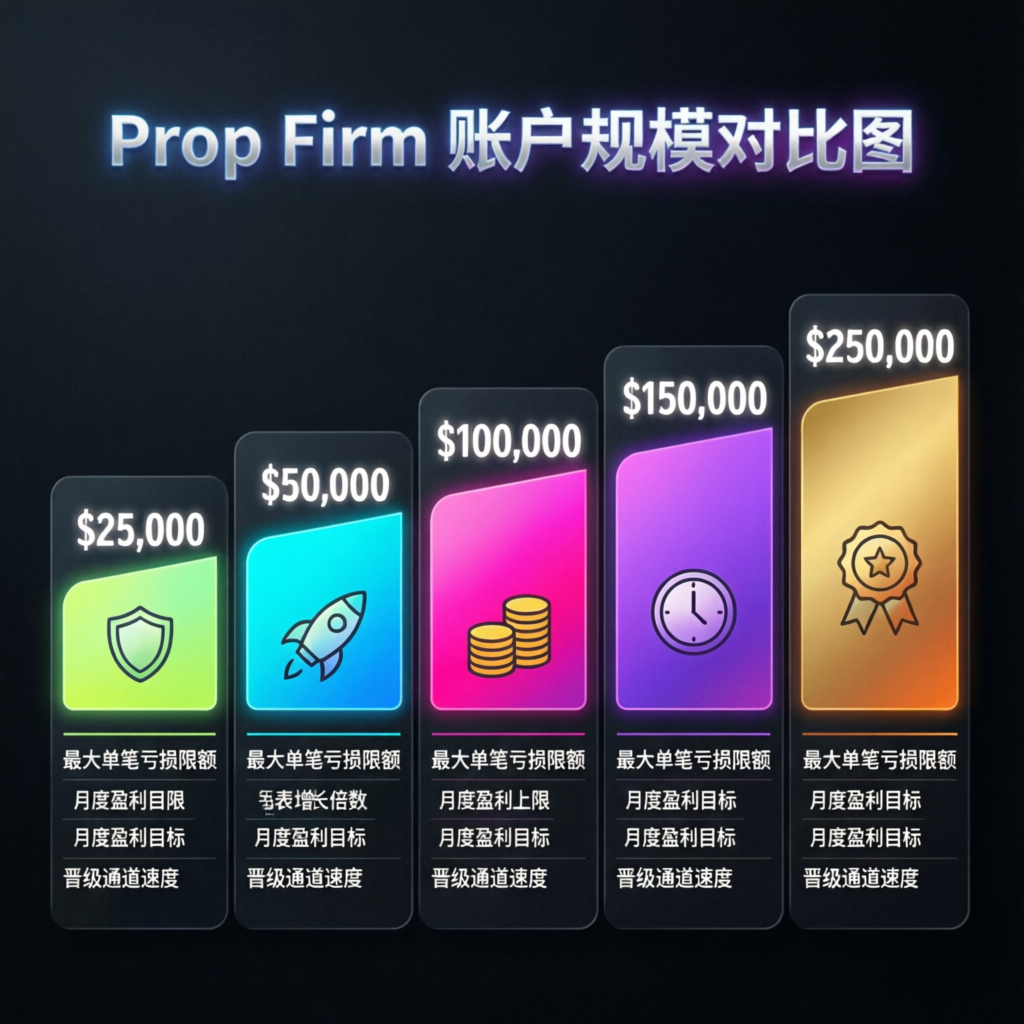 Prop firm account sizes comparison chart from 25k to 250k