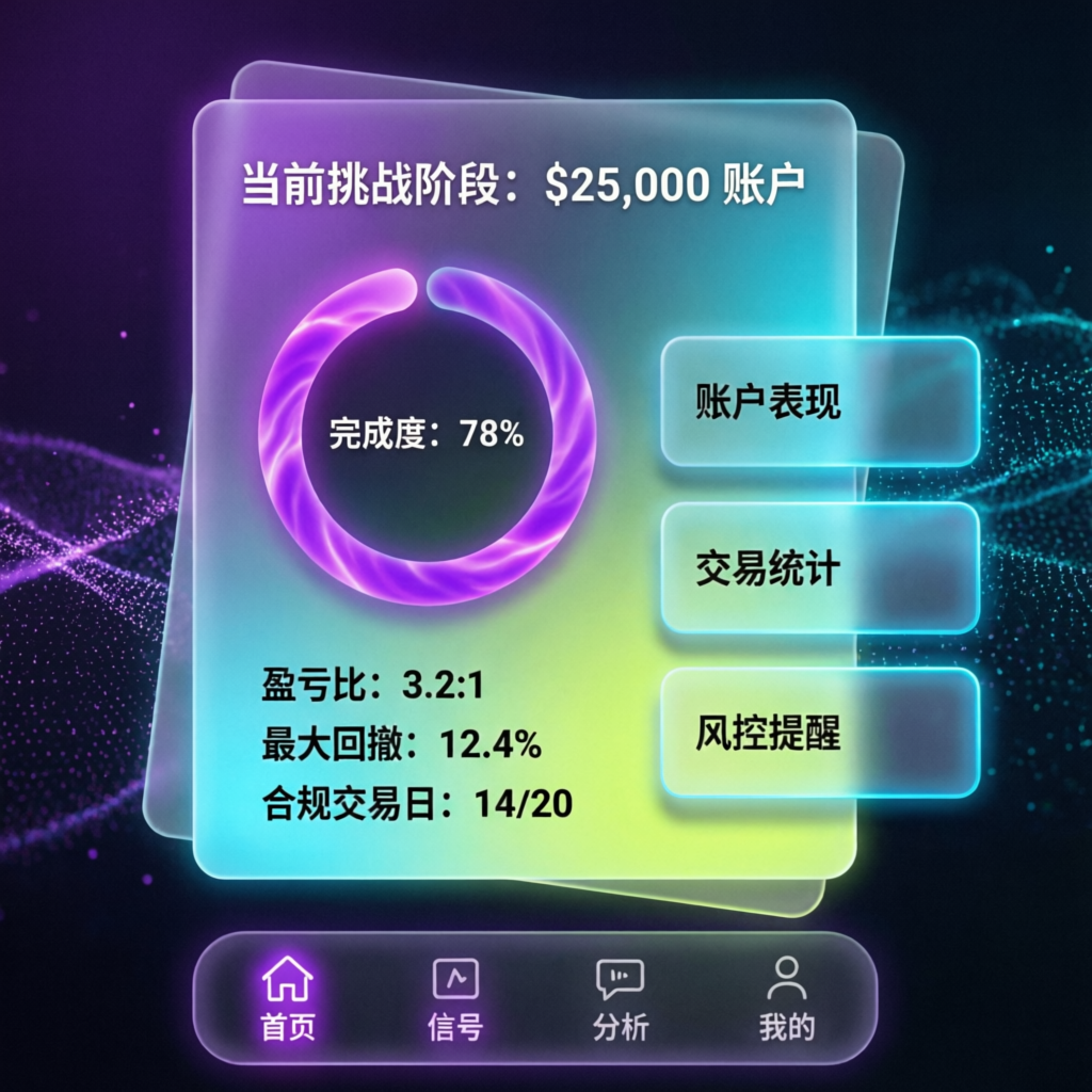 Mobile trading app showing prop firm challenge progress and statistics