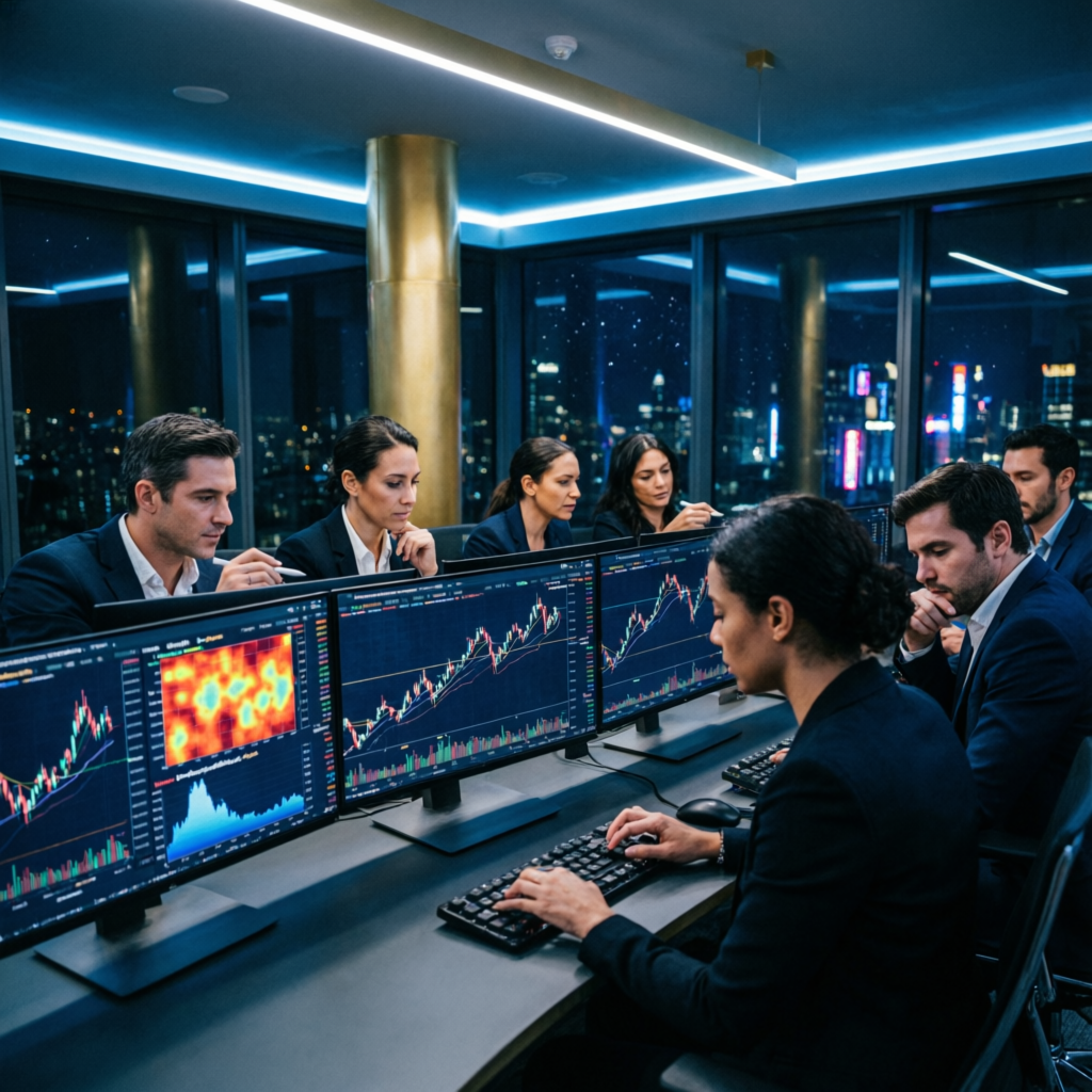 Professional team of expert traders analyzing markets for prop firm challenges