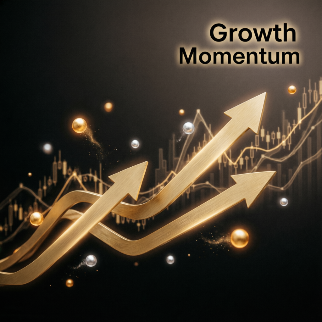 Financial growth momentum with golden upward trending arrows representing prop firm success