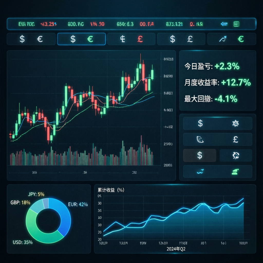 Professional trading dashboard showing real-time forex charts and performance metrics for prop firm passing service