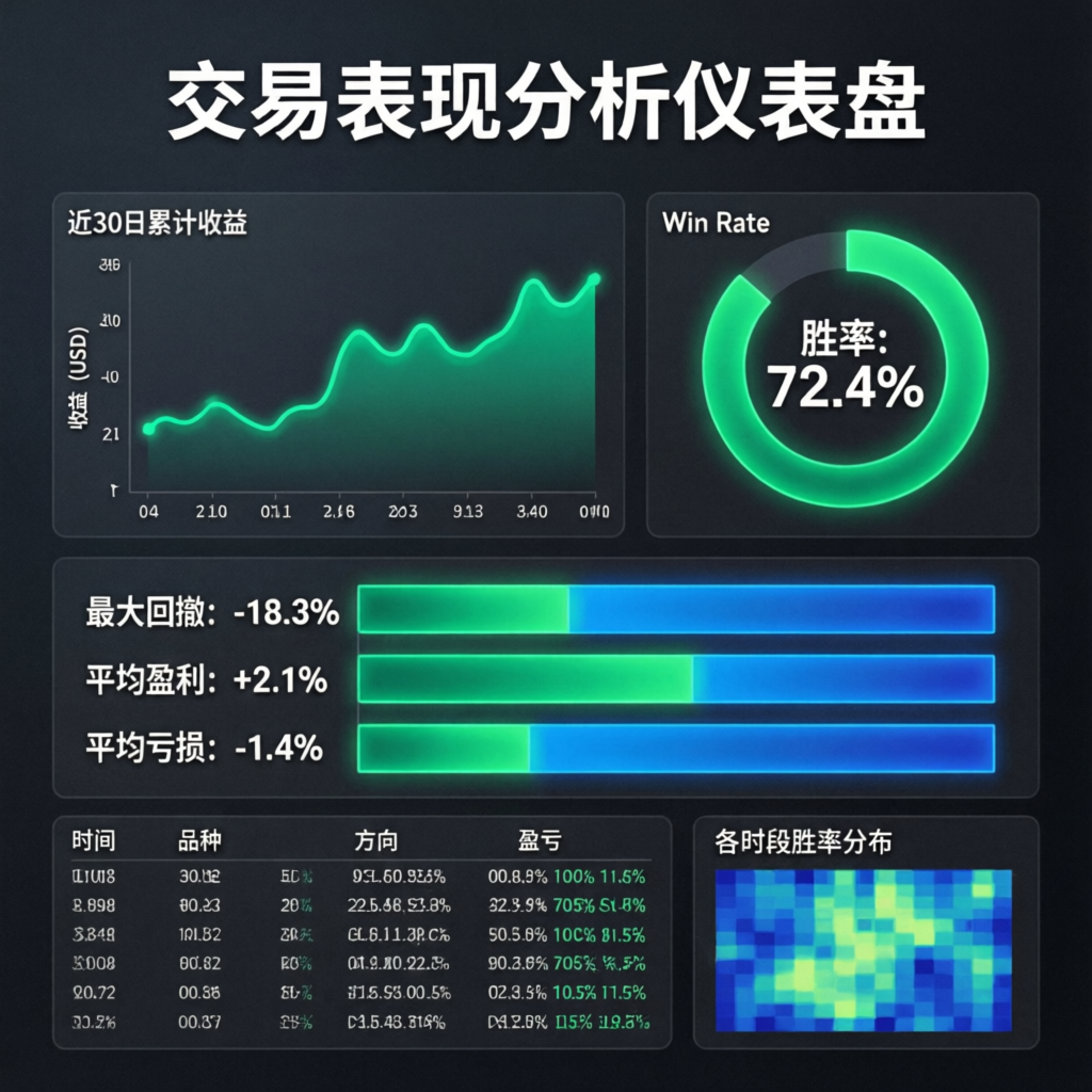Professional trading performance analytics dashboard with win rate and profit metrics