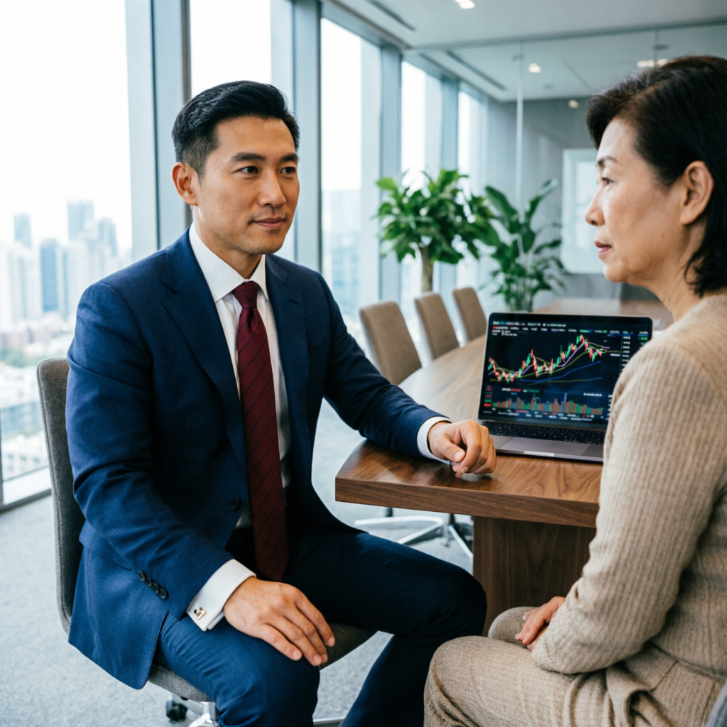 Professional financial advisor consulting with client about prop firm trading strategies