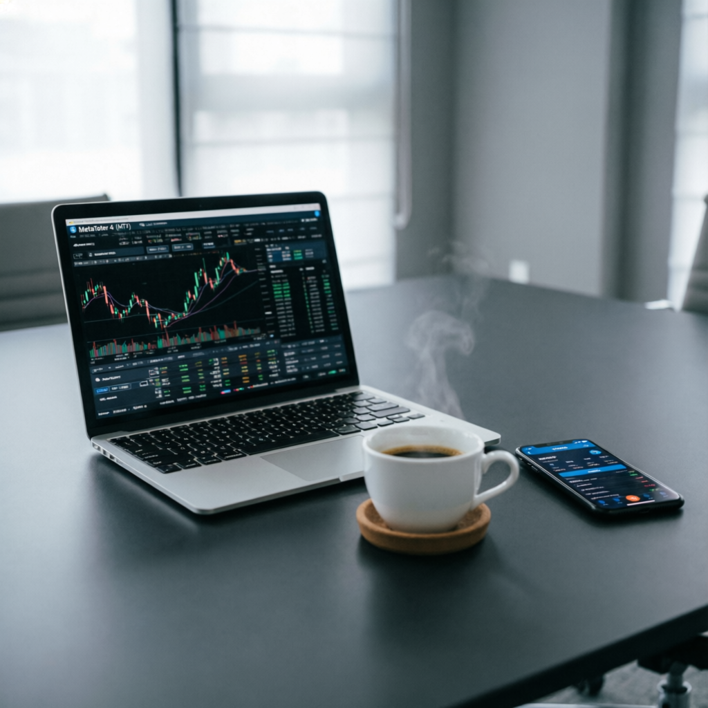 Premium trading setup with laptop showing MT4 platform and mobile trading app