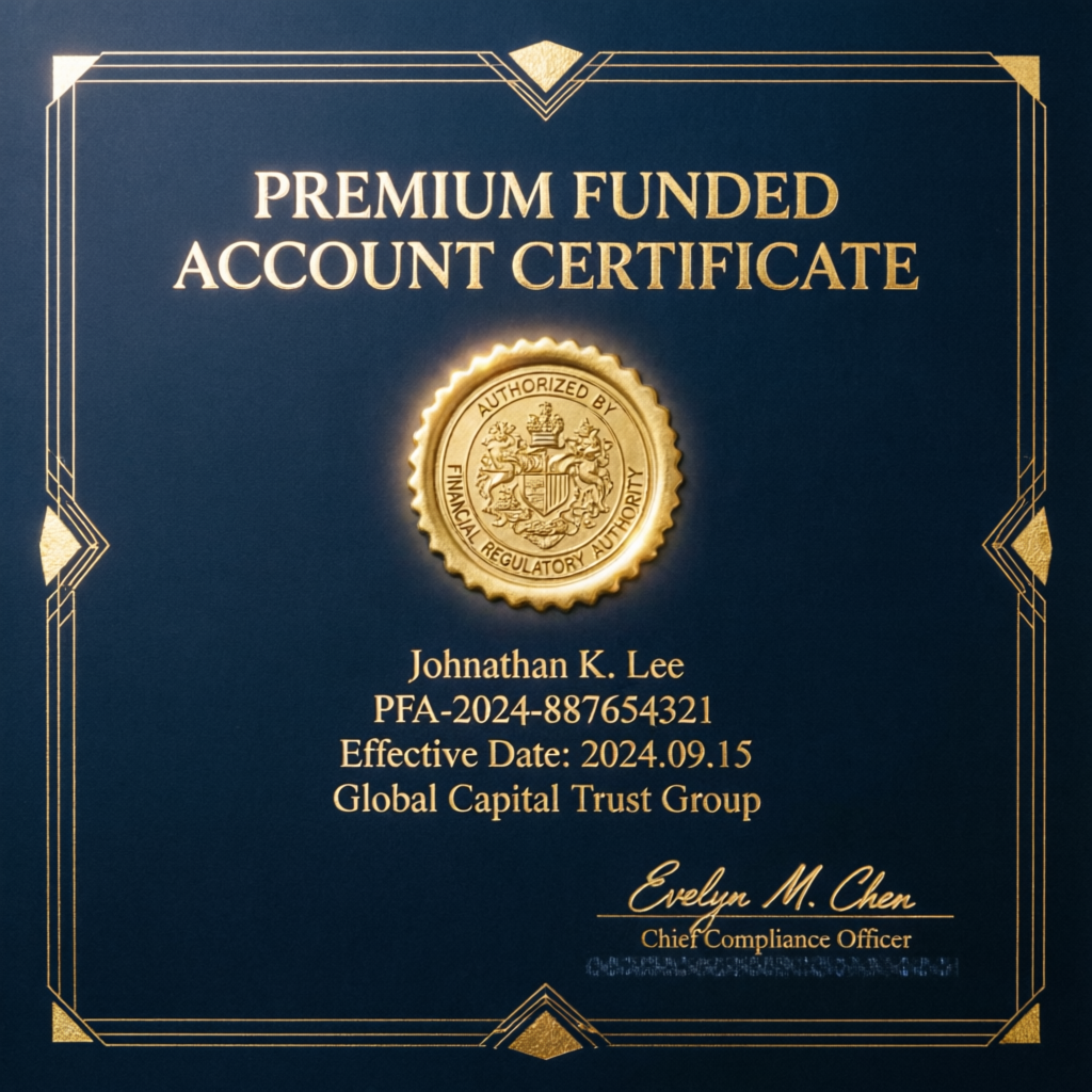Premium funded account certificate representing successful prop firm challenge completion