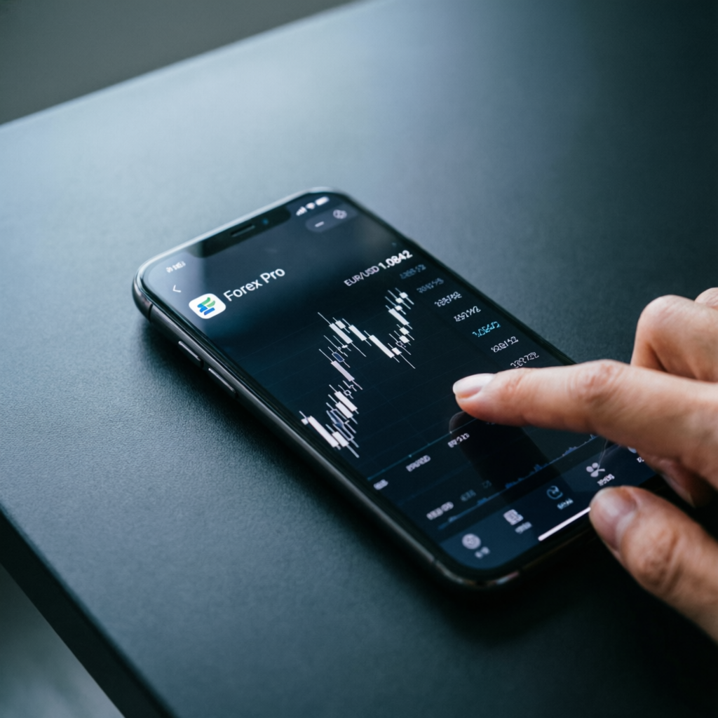 Mobile phone showing forex trading app with candlestick charts for on-the-go trading