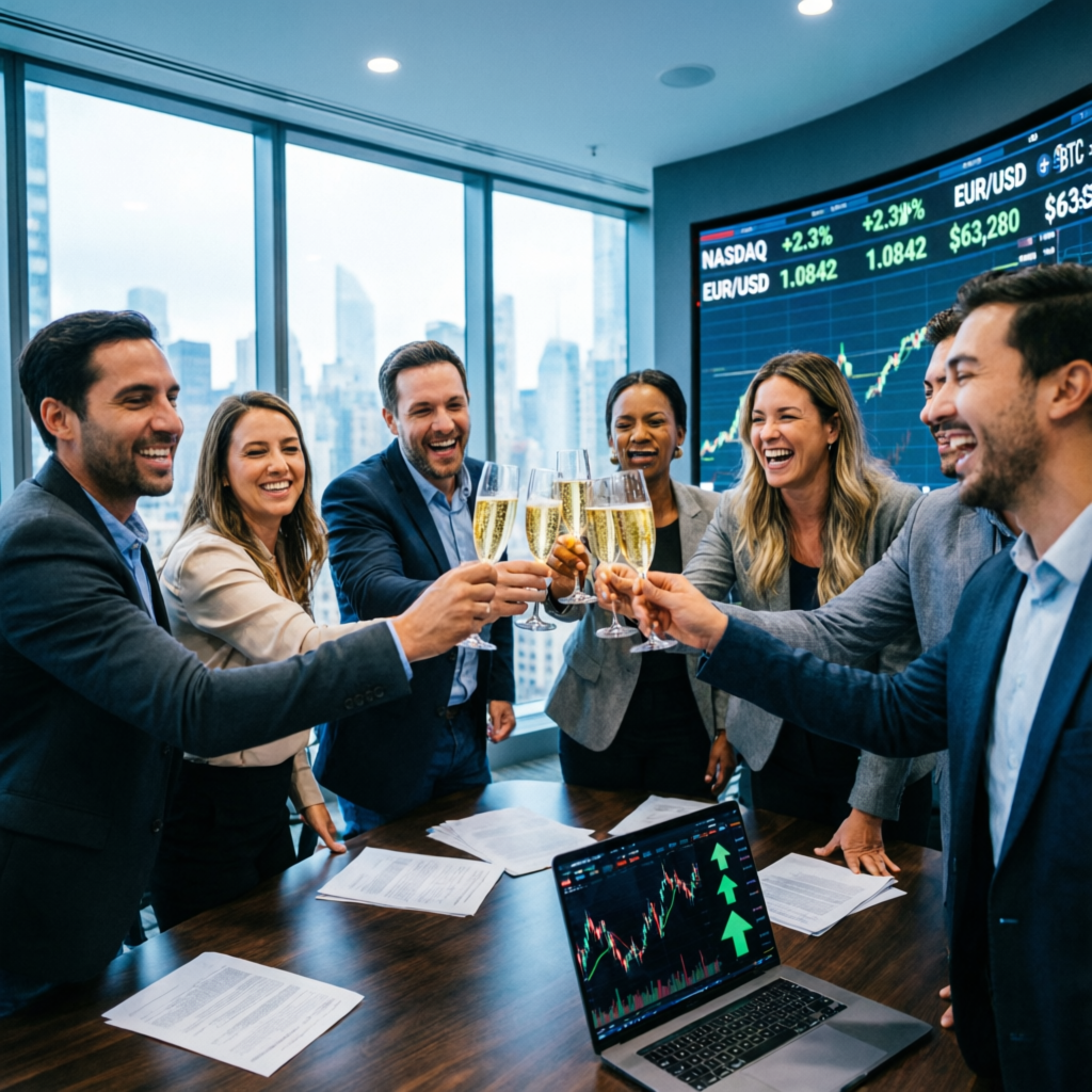Professional traders celebrating successful funded account achievement in modern trading office