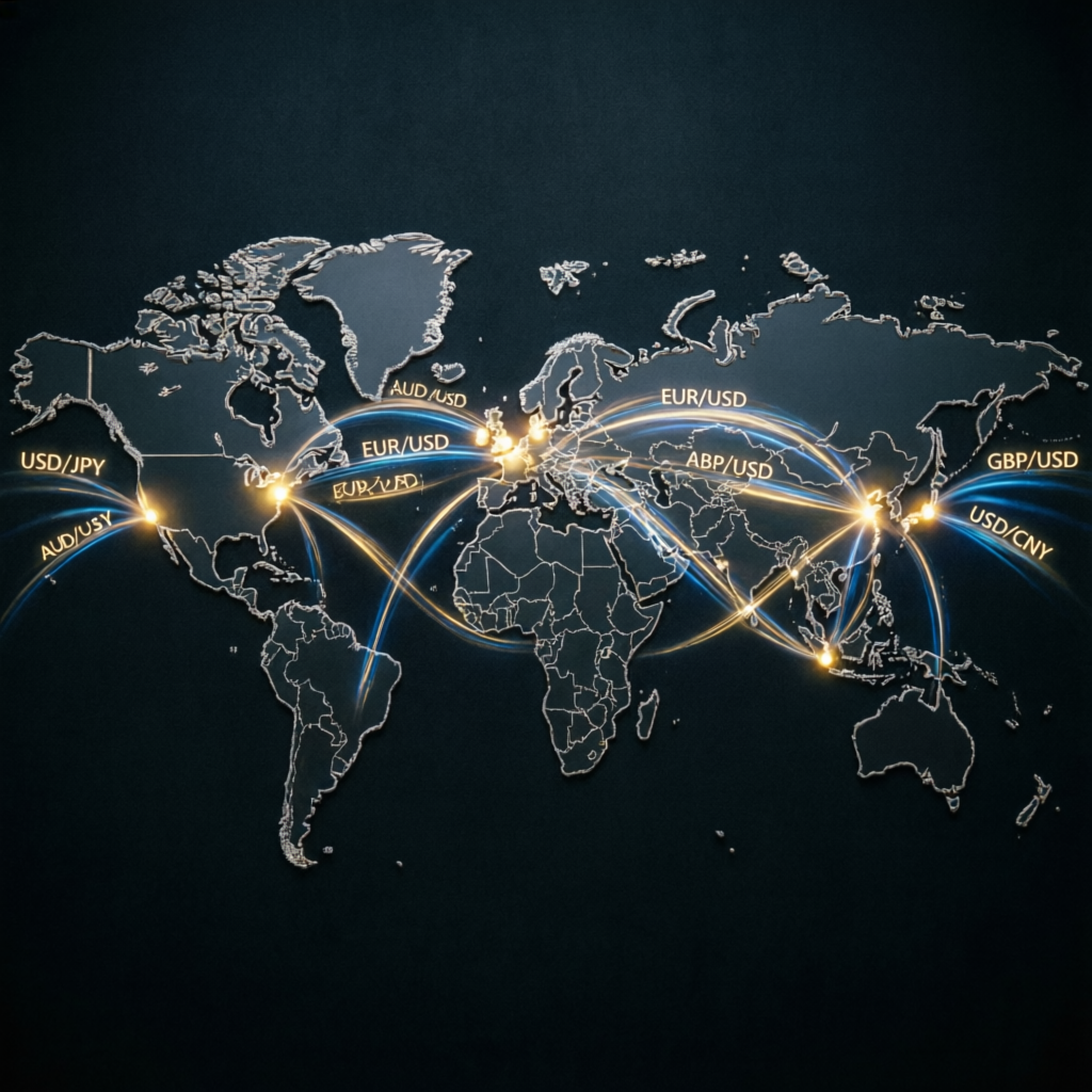 Global financial markets visualization showing worldwide forex trading connections