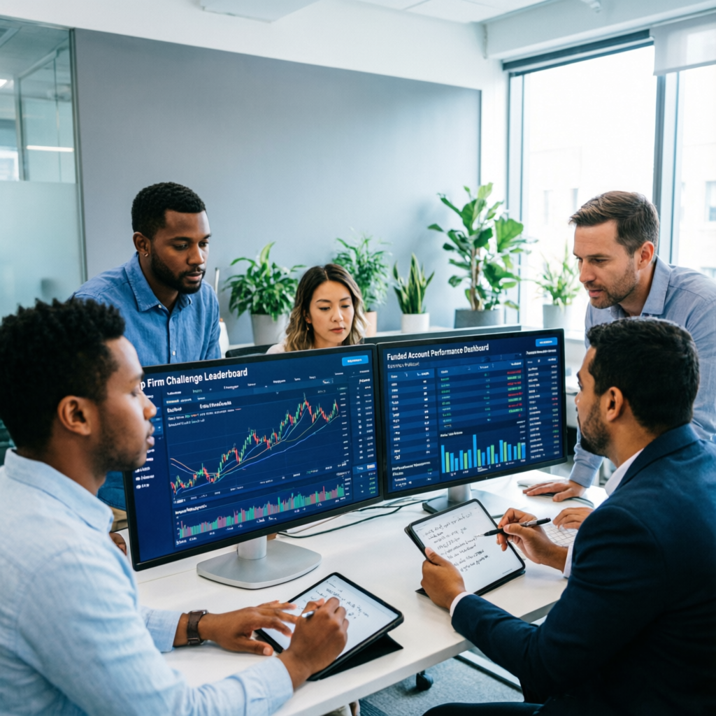 Professional team of forex analysts collaborating on prop firm challenge strategies
