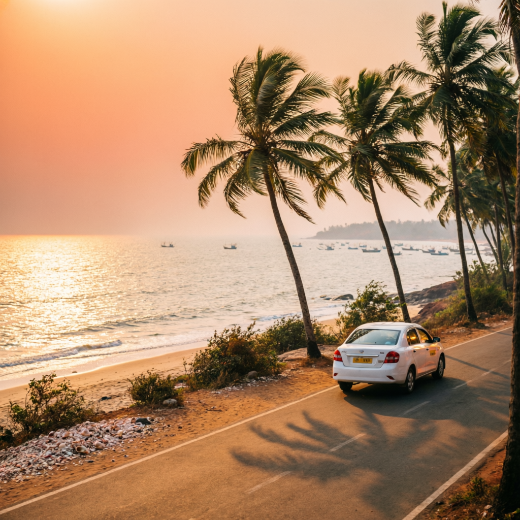 Taxi on a Goa coastal road at sunset