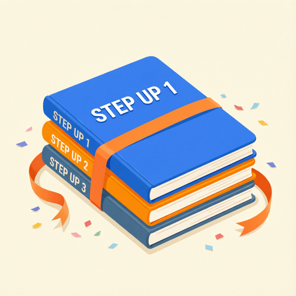 Stack of three workbooks labelled Step Up 1, 2 and 3 tied with an orange ribbon and confetti.