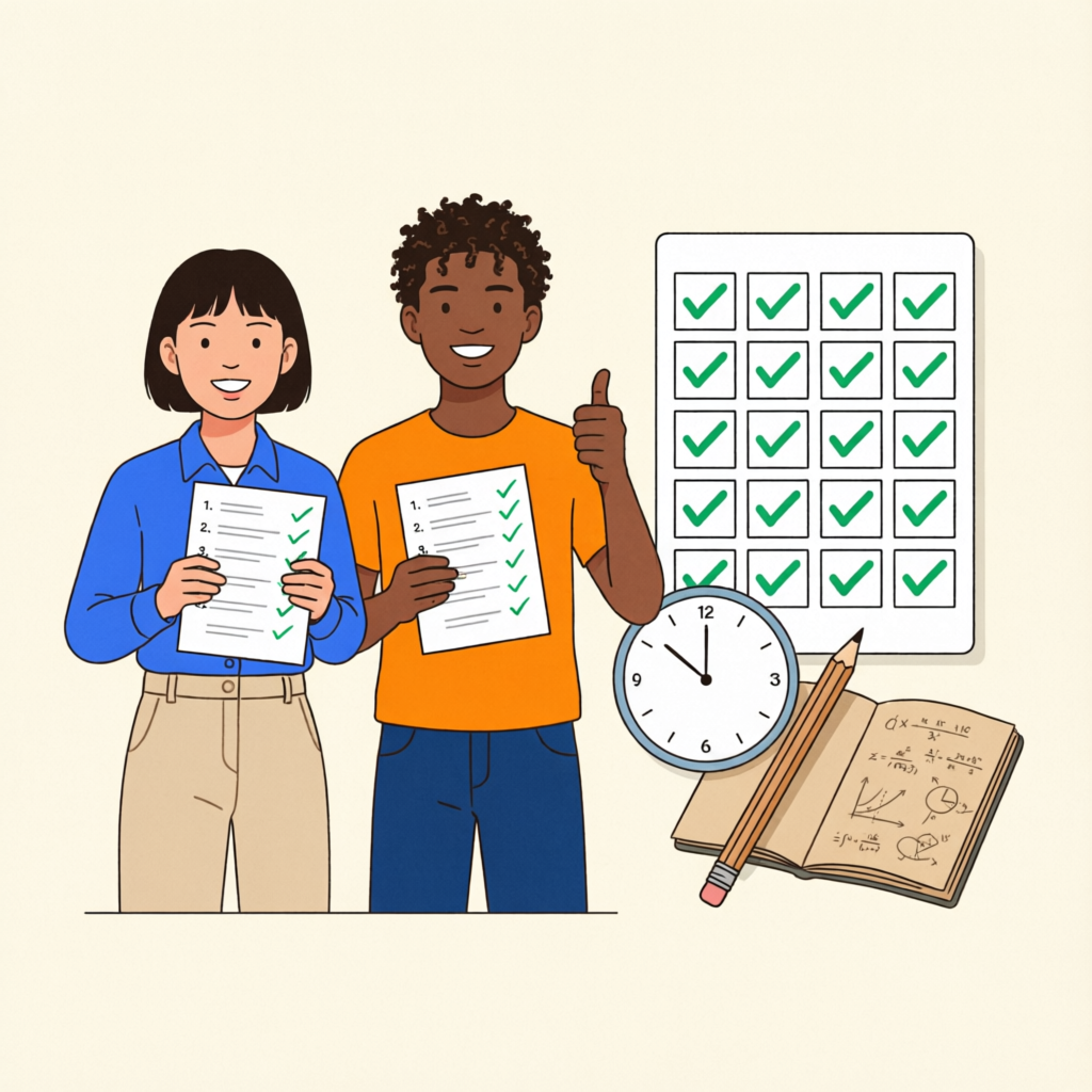Two confident students holding marked exam papers with green checkmarks and giving a thumbs up.
