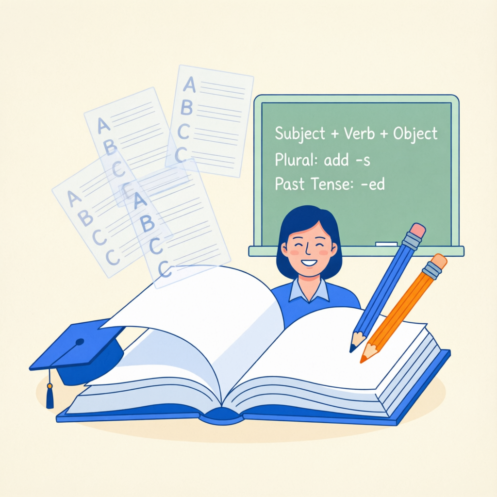 Smiling teacher beside an open book and chalkboard with English grammar notes, surrounded by worksheets.